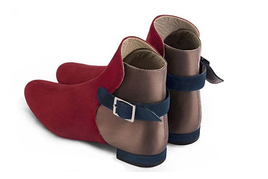 Burgundy red and navy blue women's ankle boots with buckles at the back. Round toe. Flat block heels. Rear view - Florence KOOIJMAN